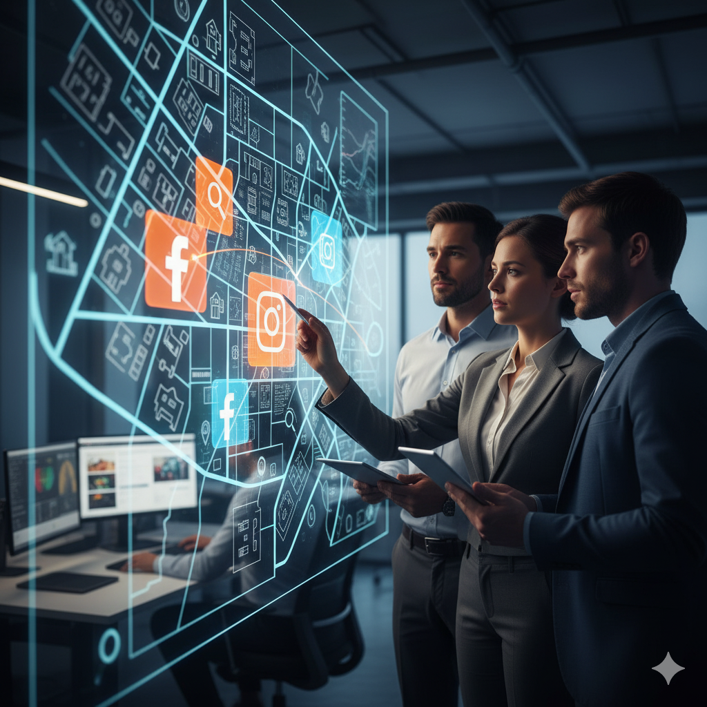 Map showing targeted local neighborhoods with FB/IG icons